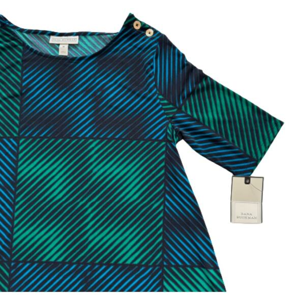 Dana Buchman Tunic Top Green Blue Black Geo Print Scoop Neck Short Sleeve Medium - Picture 8 of 12
